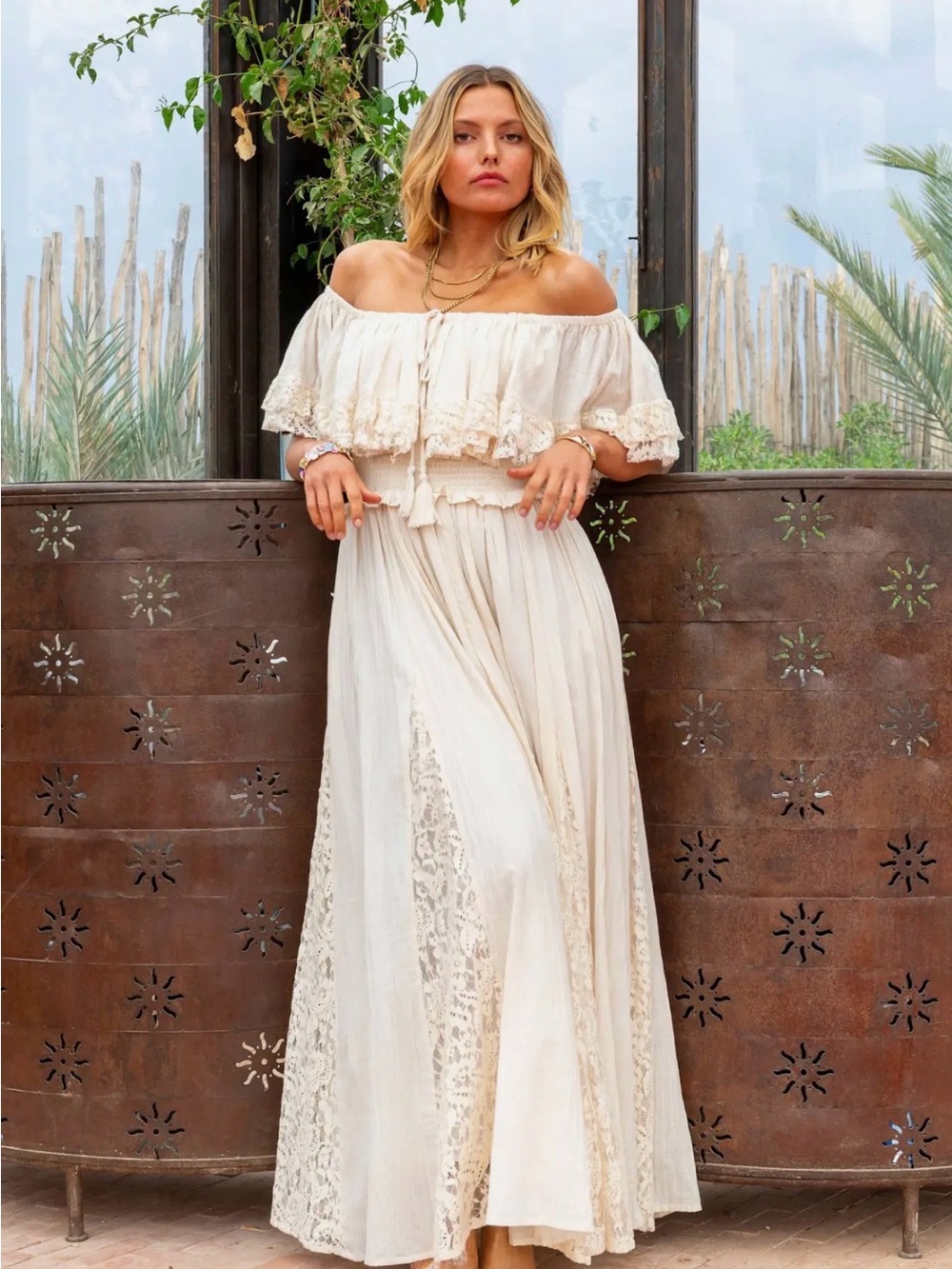 Boho Off-Shoulder Cream Maxi Dress with Lace Panels